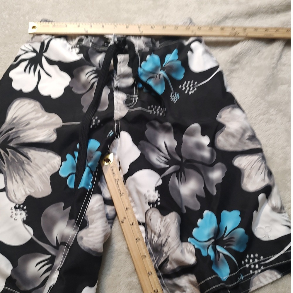 Ocean Pacific OP Mens Black Teal Blue Hibiscus Floral Board Short Swim Trunks 28